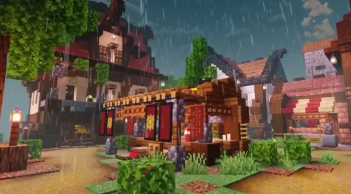 Vibrant village scene with soft rain effects