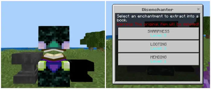 Left Enchantment table and anvil outdoors Right Disenchanter menu with enchant options
