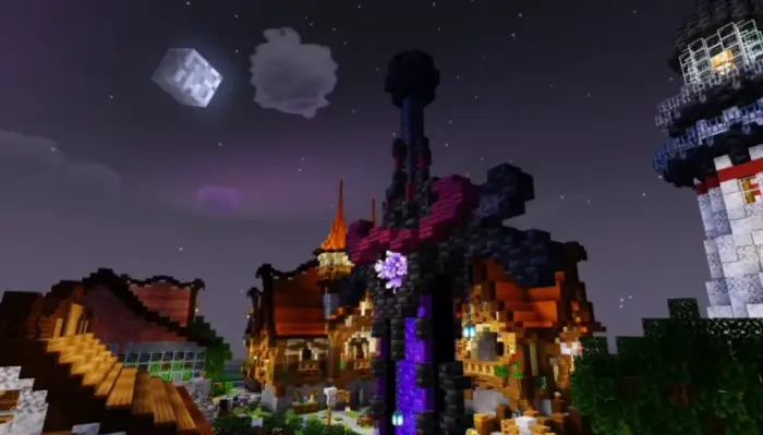 Vibrant nighttime village with enhanced lighting