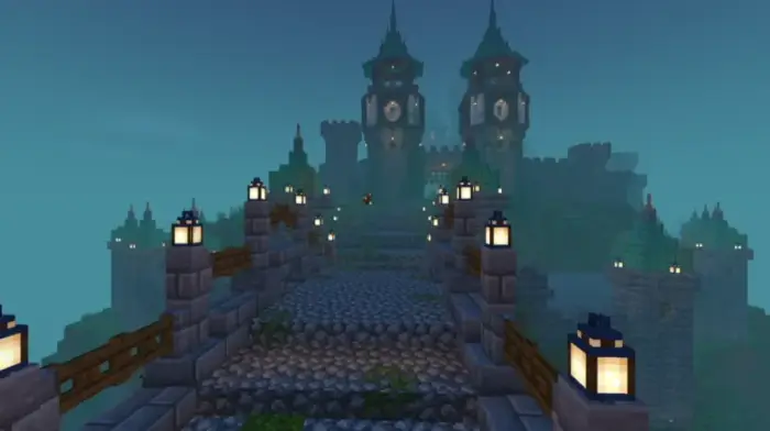 Castle bridge with lanterns and misty lighting