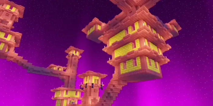Vivid blocky towers with glowing windows