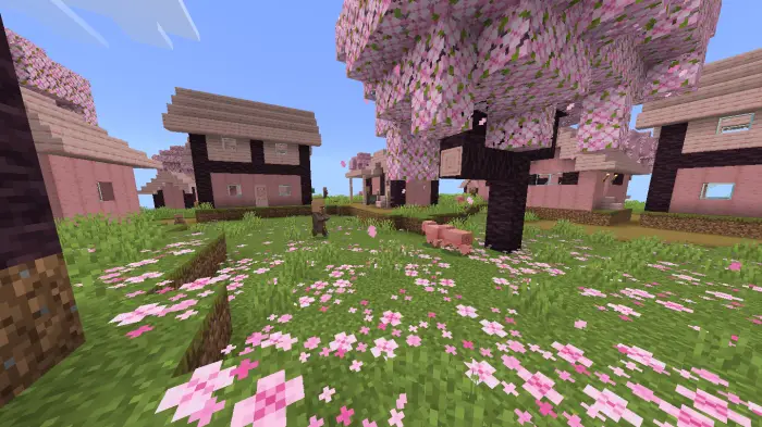 Cherry blossom village with pink trees and houses
