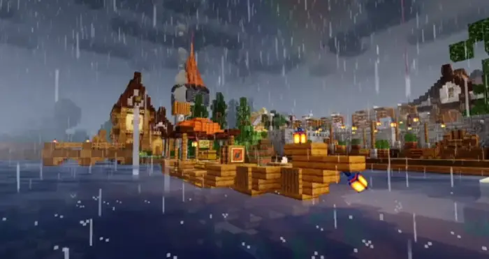 Vibrant rainy village scene with shaders