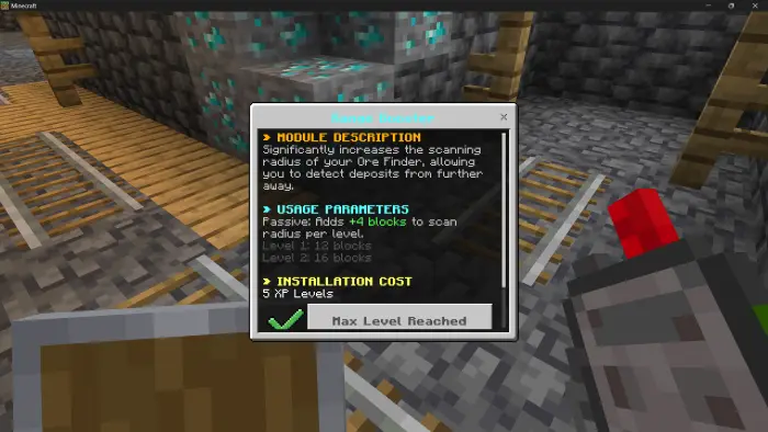 Ore Scanner upgrade menu with stats shown.