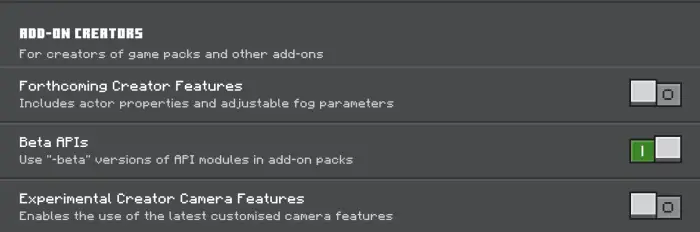 Add-on creator settings with toggles