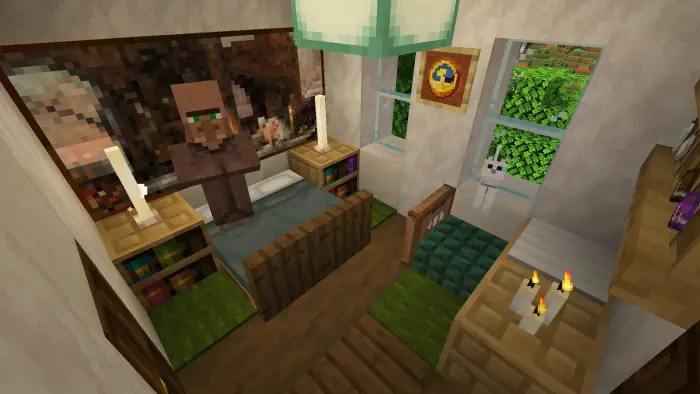 Cozy villa bedroom with villager inside