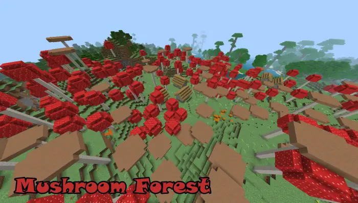 Dense forest with giant red mushrooms.