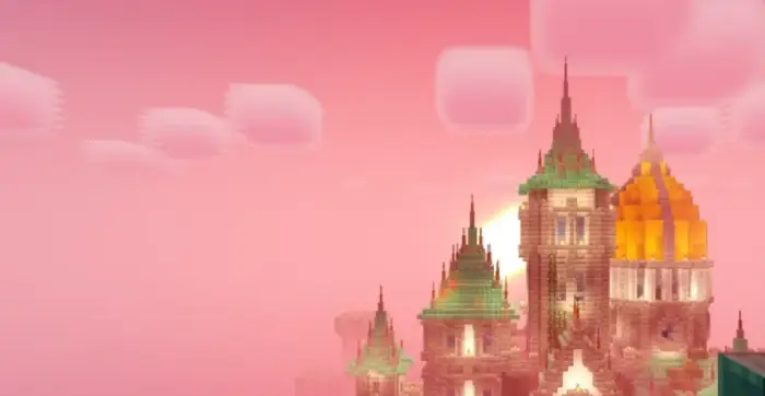 Castle with vibrant sunset and soft clouds