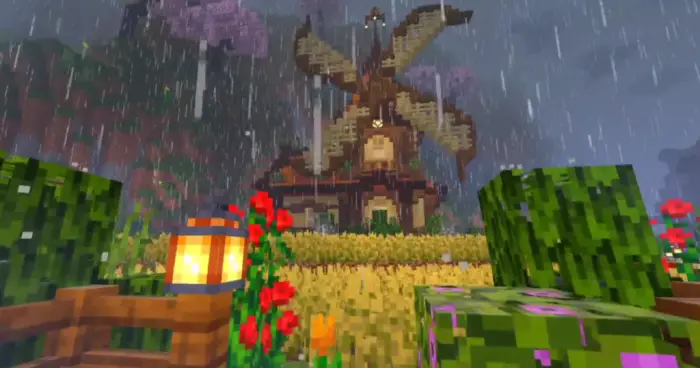 Vivid windmill scene with rain and flowers