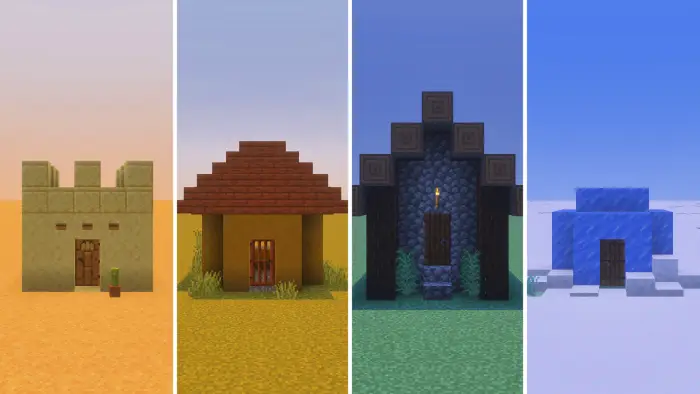 An image divided into four different layers showing small houses from desert, savanna, taiga, and snowy villages.