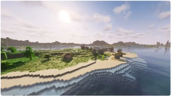 Sunlit coastal village with enhanced water effects