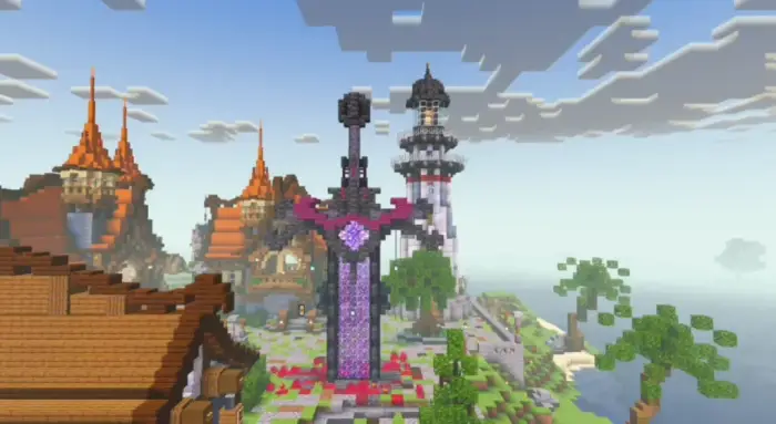 Vibrant fantasy village with enhanced lighting