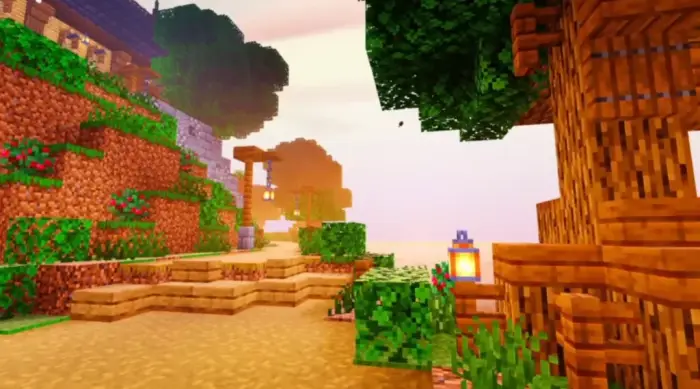 Vibrant sunset lighting on blocky landscape