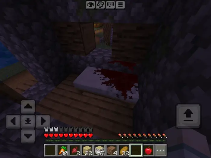 Bloody bed in a dark, spooky cabin.