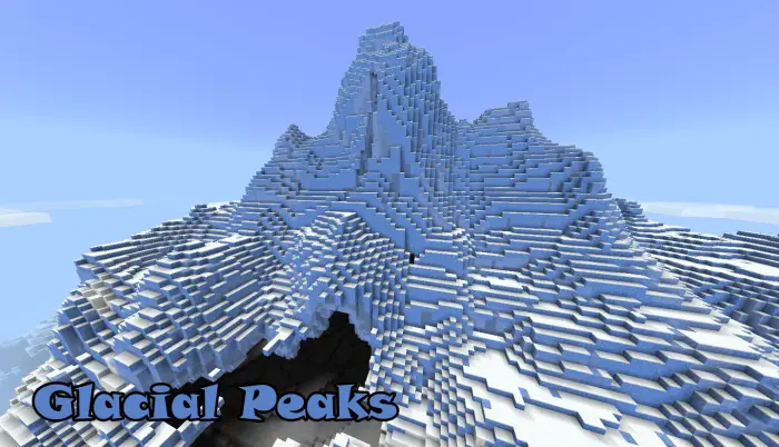 Snowy mountain biome labeled Glacial Peaks