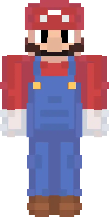 Pixel Mario in Funko-style overalls