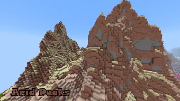 Blocky red and tan mountain peaks