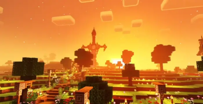 Vivid sunset lighting over blocky landscape