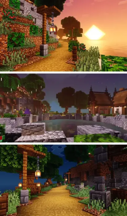 1. Sunset path with enhanced lighting 2. Reflective water and detailed shadows 3. Nighttime path with glowing lanterns