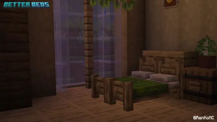 Modern 3D bed with green blanket in room