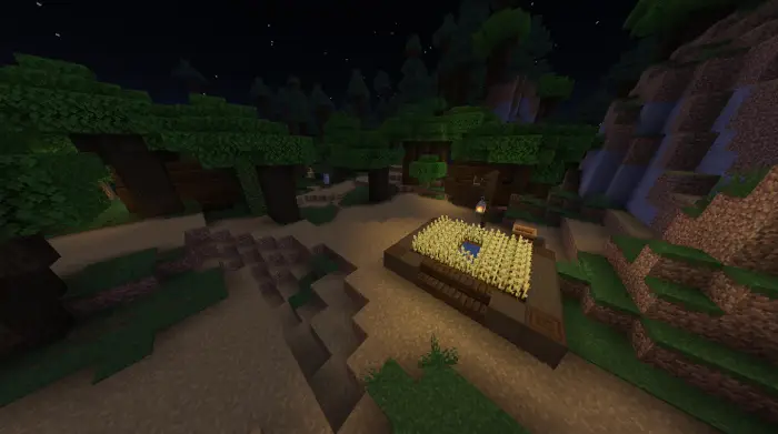 Small village farm at night in a forest biome