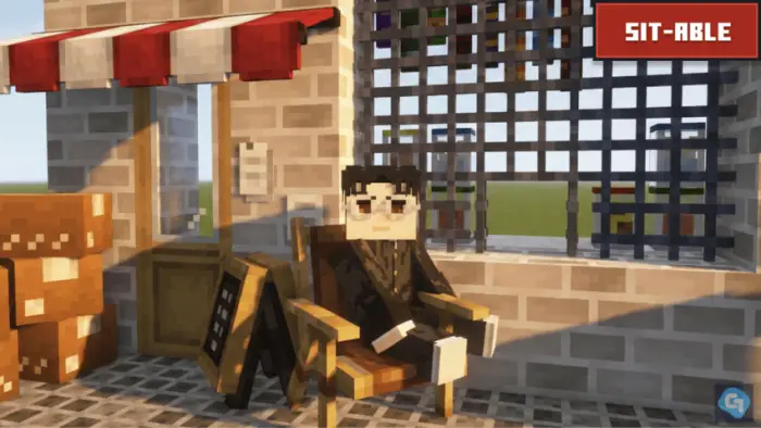 Blocky character sitting on a decorative chair