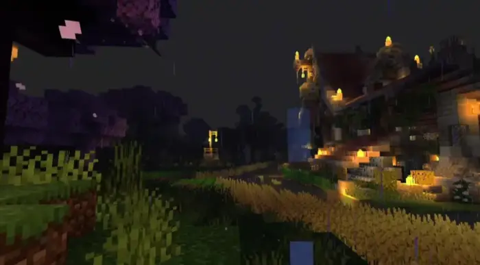 Glowing lights and shadows in a pixel landscape