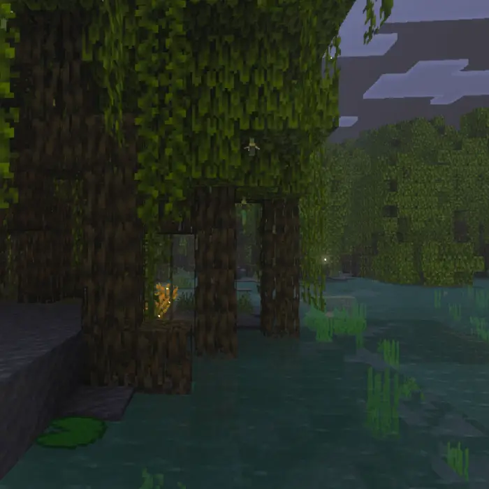 Dense pixelated mangrove swamp at dusk