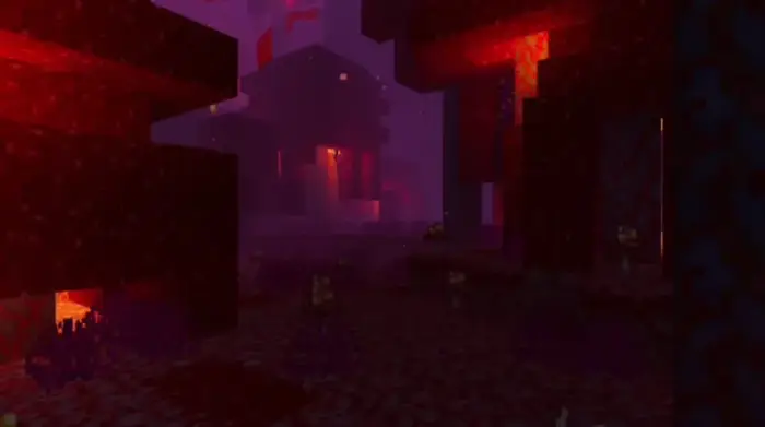 Glowing lava and shadows in a blocky cave