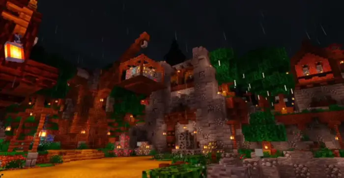 Warm-lit village scene with enhanced textures