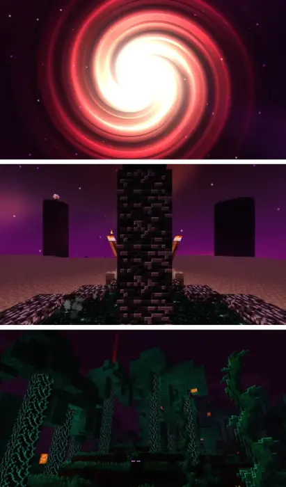 1. Swirling red and white portal effect 2. Obsidian pillars under purple sky 3. Lush glowing forest at night