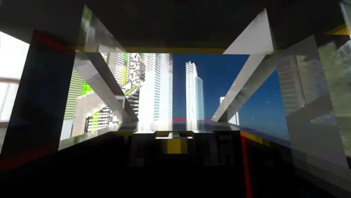 Helicopter cockpit view over city skyline