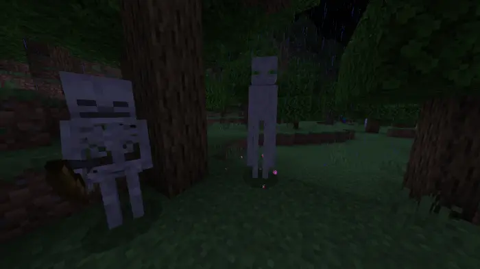 Two retro-style skeleton mobs at night