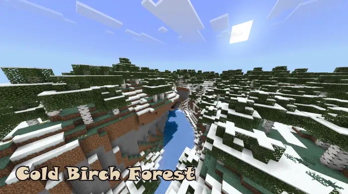 Snowy birch forest with river and hills