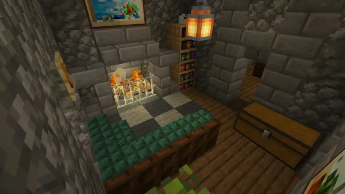 Cozy stone cottage interior with fireplace