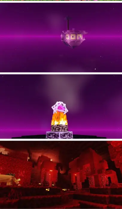 1. Floating island under vibrant purple sky 2. Glowing crystal atop fiery pedestal 3. Lush red cave with dynamic lighting