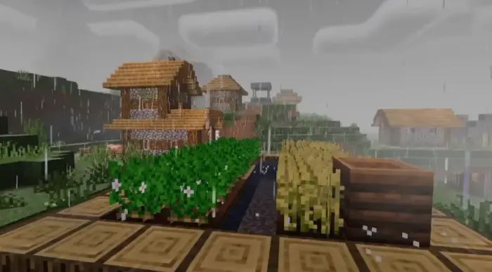 Village farm with lush, detailed plants in rain