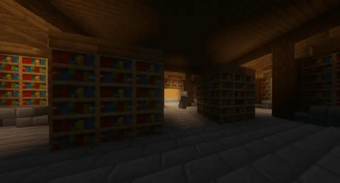 Dimly lit library with wooden bookshelves