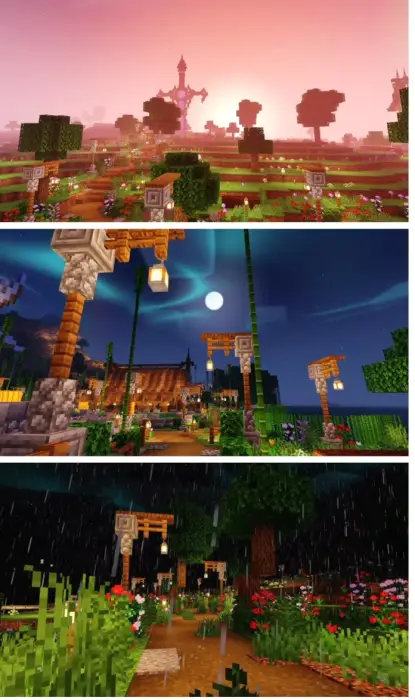 1. Vibrant sunset over detailed landscape 2. Night scene with bright moon and lanterns 3. Rainy path with lush, vivid plants