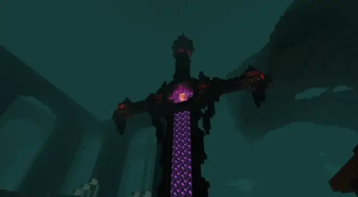 Glowing sword-shaped structure in dark realm