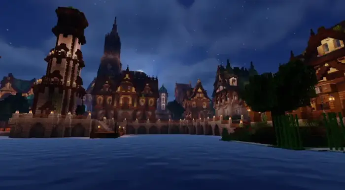 Medieval village at night with soft lighting