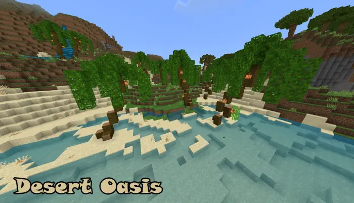 Lush oasis with palm trees by water