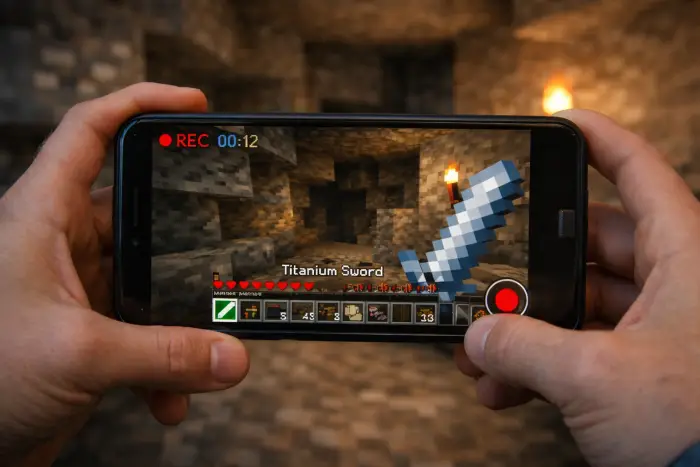 Pixel sword labeled Titanium Sword on screen