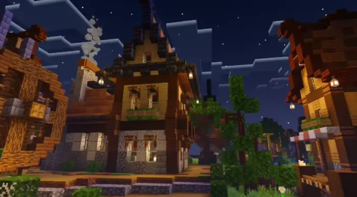 Vibrant village at night with enhanced lighting