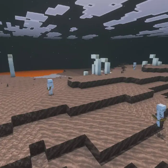 Soul sand terrain with skeleton mobs at night