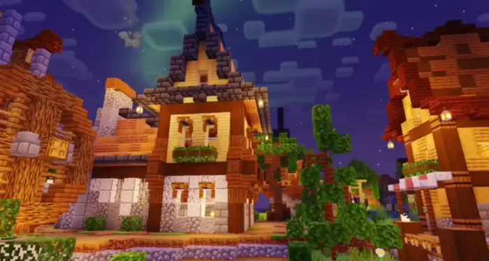 Vibrant village with dynamic lighting at night