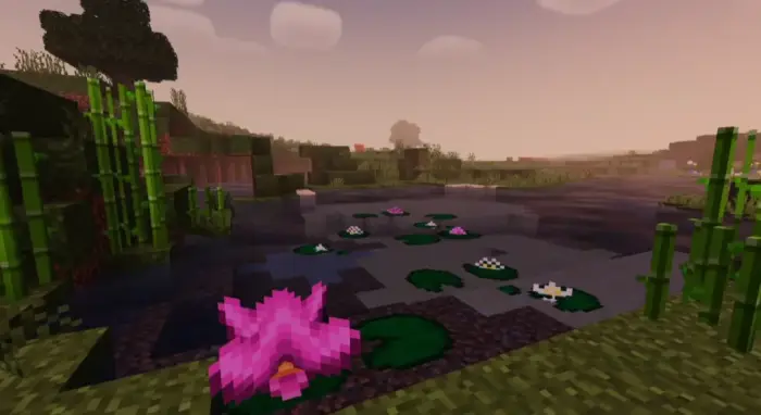 Pixelated pond with lily pads and flowers