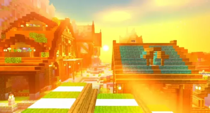 Vibrant sunset lighting over blocky village