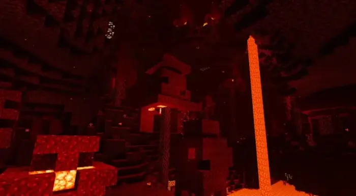 Glowing lava and shadows in a dark cavern