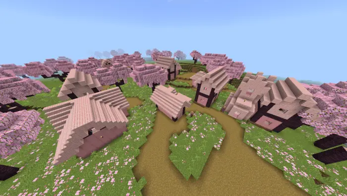 Cherry grove village with pink blossom trees